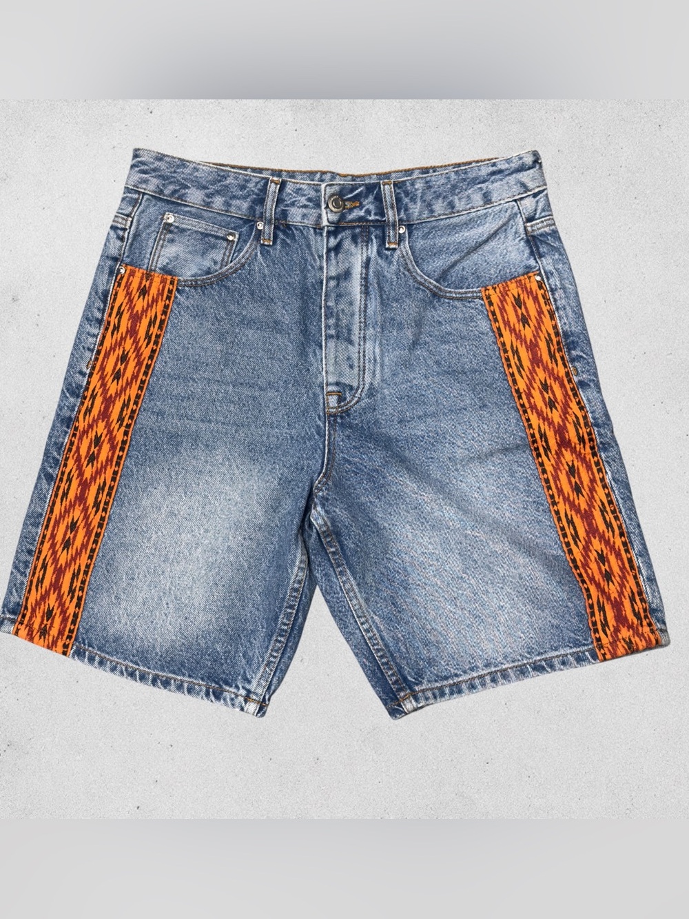 ASOS Denim Long Baggy Shorts Orange Embroidered Trim Y2K Waist 30